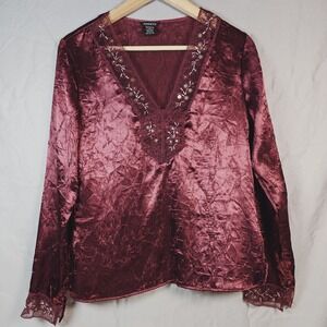 Vintage Anxiety Crushed Satin V Neck Long Sleeve‎ Top Embroidery Beading Medium